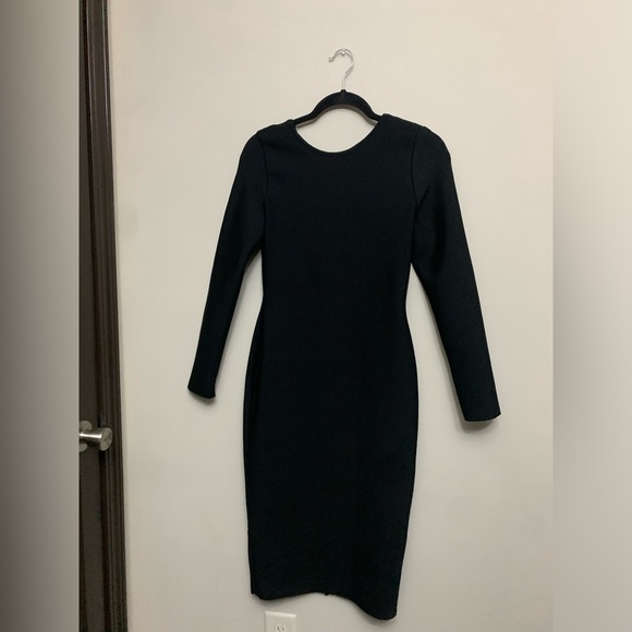 LONG SLEEVE ZIP BACK SLIT BODYCON BANDAGE MIDI DRESS - BLACK - Picture 16 of 17